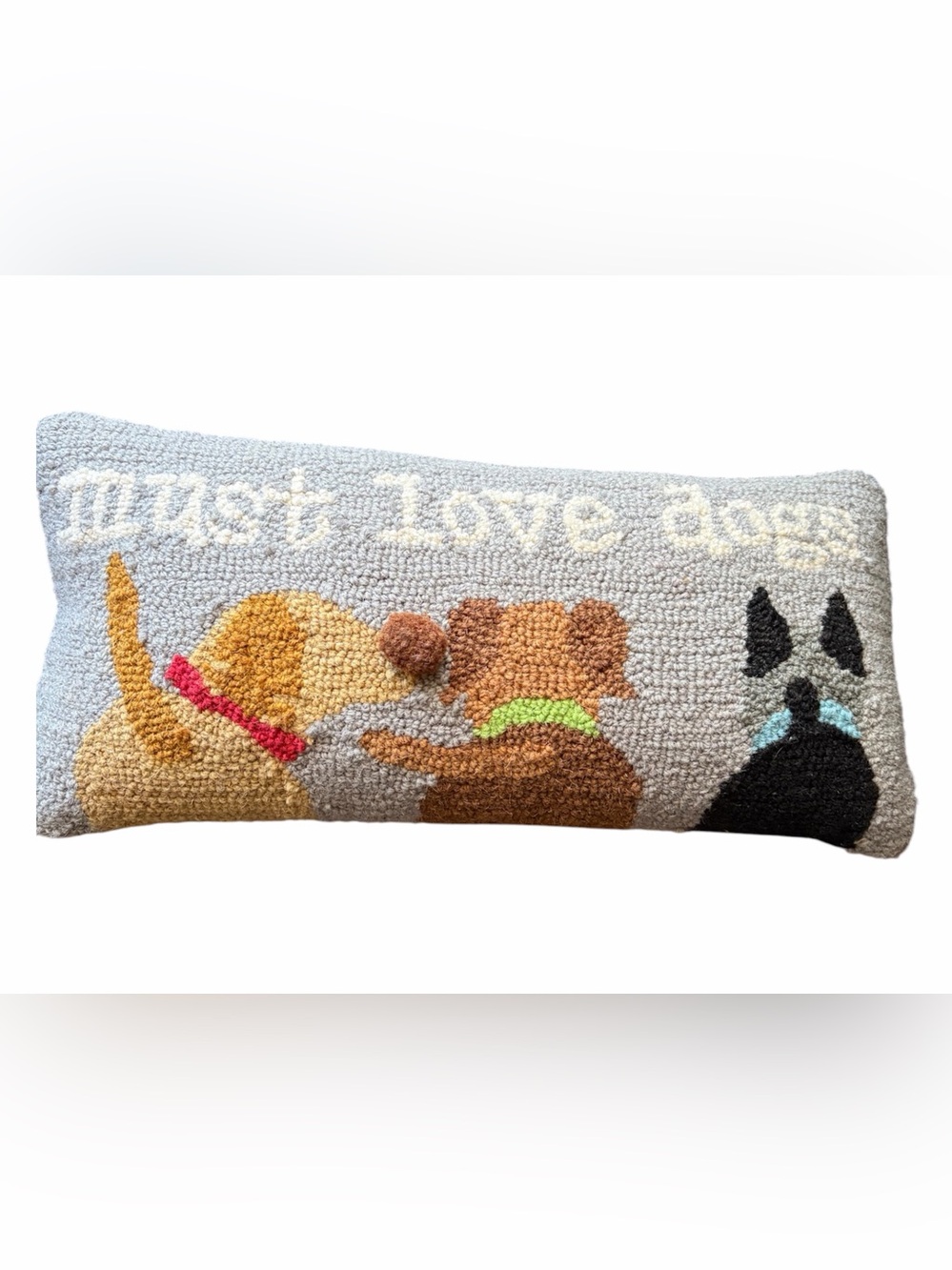 Mud Pie Hooked Dog Pillow - Gray with Brown Dogs and Bright Accents